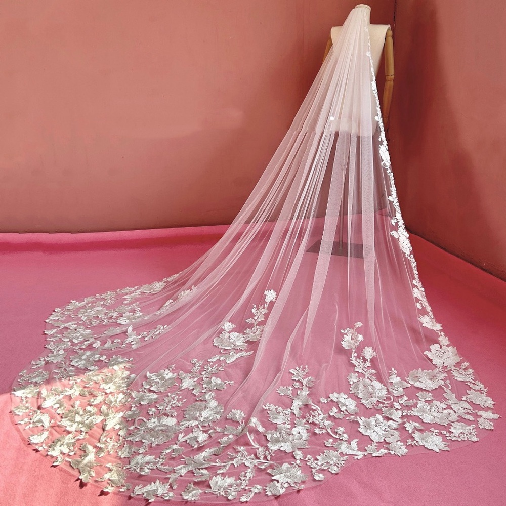 New Ivory Sequin Cathedral Embroidered Floral Lace Veil